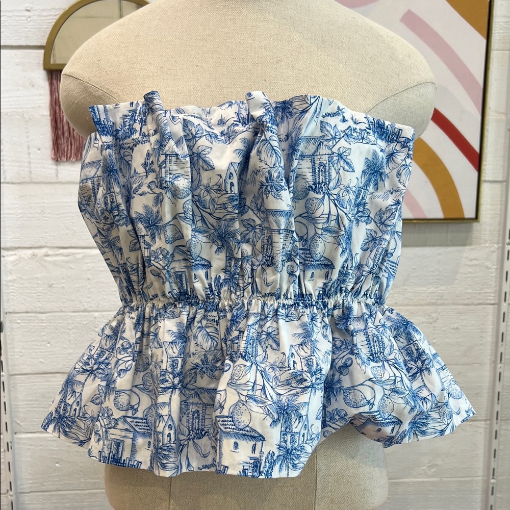 Skies Are Blue Strapless Peplum Top - Blue and White